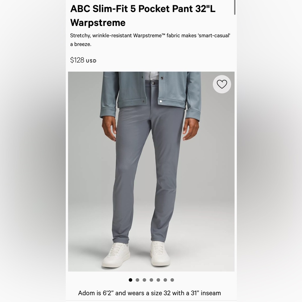 NWOT Lulu Lemon ABC Slim-Fit 5 Pocket Pant 30"L size 28 waist color gray